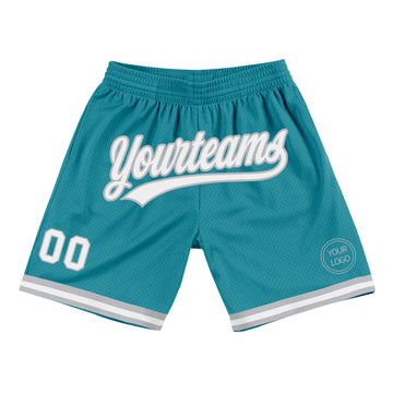 Custom Teal White-Gray Authentic Throwback Basketball Shorts