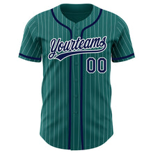 Load image into Gallery viewer, Custom Teal White Pinstripe Navy Authentic Baseball Jersey
