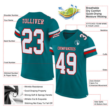 Custom Teal White-Red Mesh Authentic Football Jersey