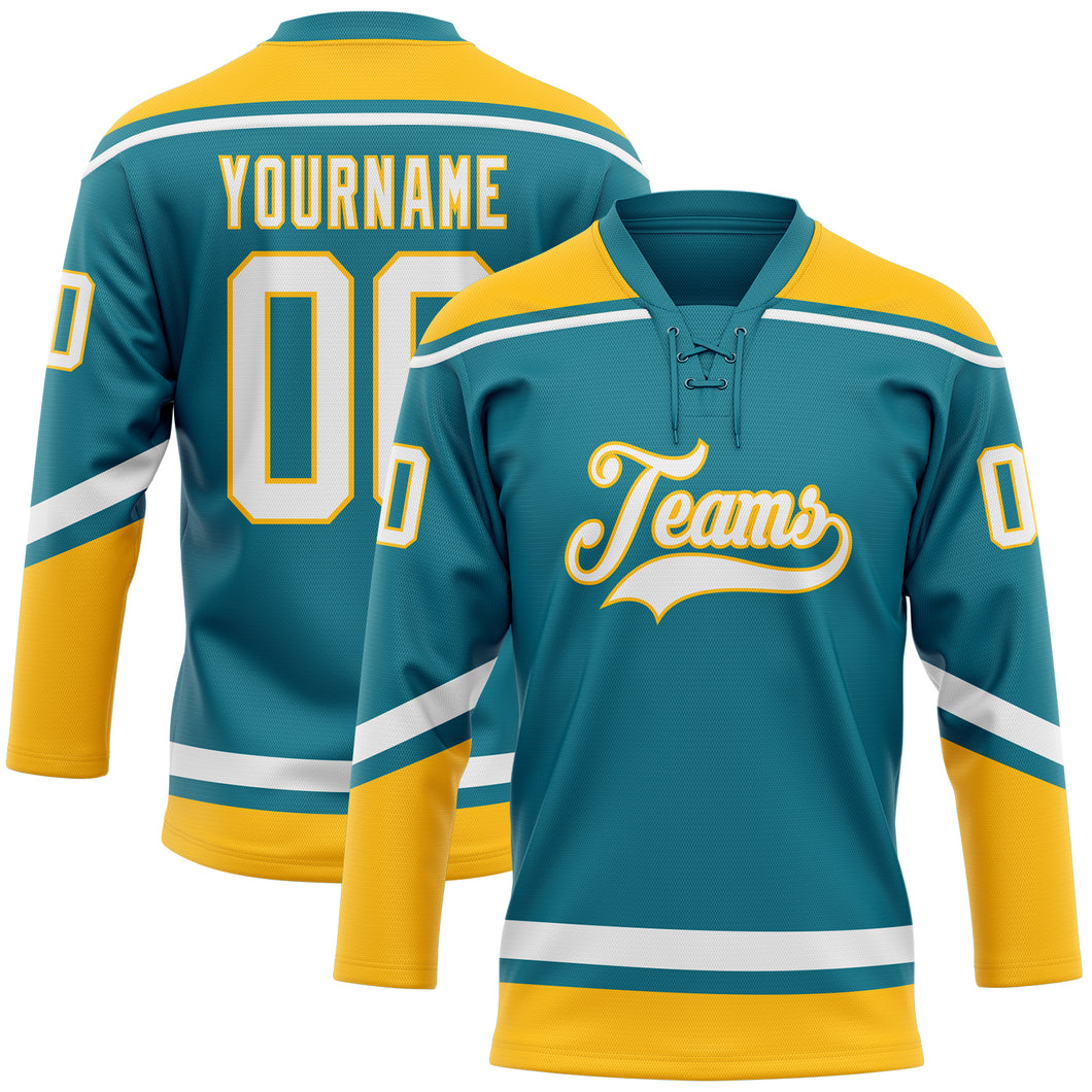 Custom Teal White-Gold Hockey Lace Neck Jersey