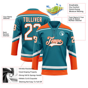 Custom Teal White-Orange Hockey Lace Neck Jersey