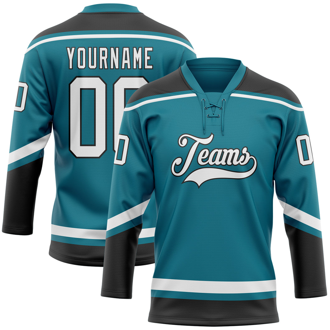 Custom Teal White-Black Hockey Lace Neck Jersey