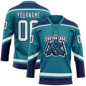 Custom Teal White-Navy Hockey Lace Neck Jersey