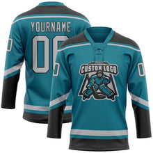 Load image into Gallery viewer, Custom Teal Gray-Black Hockey Lace Neck Jersey
