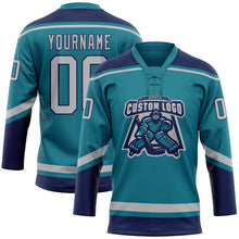 Load image into Gallery viewer, Custom Teal Gray-Navy Hockey Lace Neck Jersey
