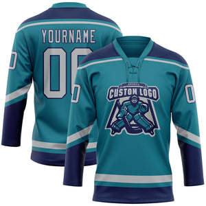 Custom Teal Gray-Navy Hockey Lace Neck Jersey