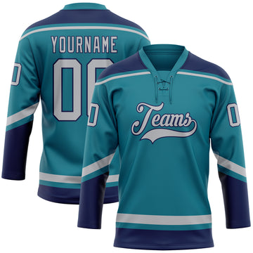Custom Teal Gray-Navy Hockey Lace Neck Jersey