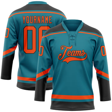 Custom Teal Orange-Black Hockey Lace Neck Jersey