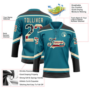 Custom Teal Vintage USA Flag Cream-Black Hockey Lace Neck Jersey