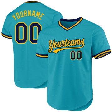 Custom Teal Navy-Gold Authentic Throwback Baseball Jersey