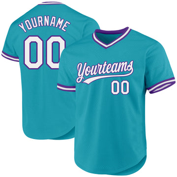 Custom Teal White-Purple Authentic Throwback Baseball Jersey