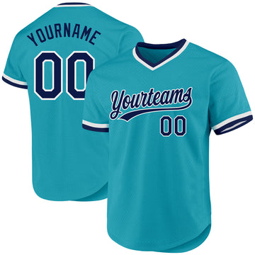 Custom Teal Navy-White Authentic Throwback Baseball Jersey