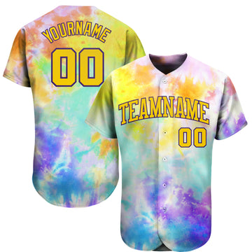 Custom Tie Dye Gold-Purple 3D Authentic Baseball Jersey