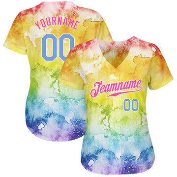 Custom Tie Dye Light Blue-Pink 3D Rainbow Authentic Baseball Jersey