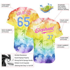 Custom Tie Dye Light Blue-Pink 3D Rainbow Authentic Baseball Jersey