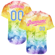 Load image into Gallery viewer, Custom Tie Dye Light Blue-Pink 3D Rainbow Authentic Baseball Jersey
