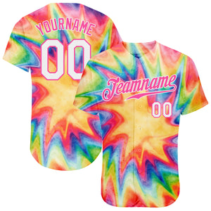 Custom Tie Dye White-Pink 3D Watercolor Rainbow Authentic Baseball Jersey