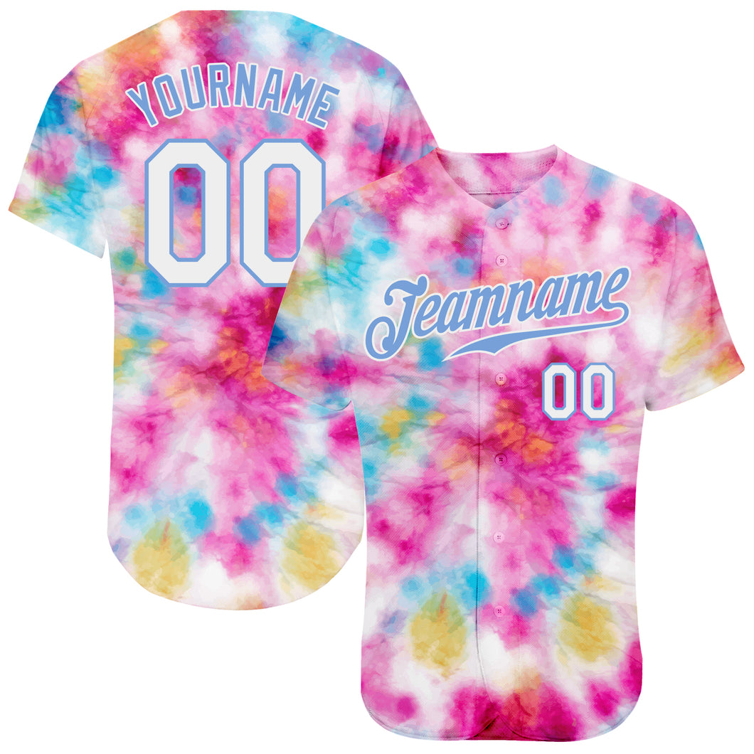 Custom Tie Dye White-Light Blue 3D Colorful Watercolor Authentic Baseball Jersey