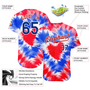 Custom Tie Dye Royal-Red 3D American Flag Authentic Baseball Jersey