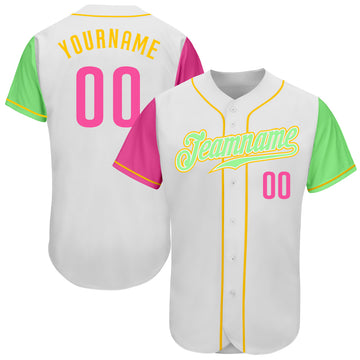 Custom White Pink Pea Green-Gold Authentic Two Tone Baseball Jersey