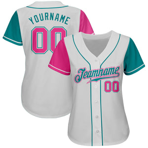 Custom White Pink-Teal Authentic Two Tone Baseball Jersey