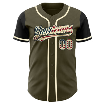 Custom Olive Vintage USA Flag Black-Cream Authentic Salute To Service Two Tone Baseball Jersey