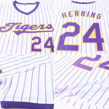 Load image into Gallery viewer, Custom White Purple Pinstripe Purple-Gold Authentic Throwback Rib-Knit Baseball Jersey Shirt
