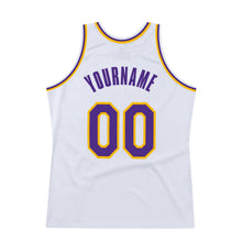 Load image into Gallery viewer, Custom White Purple-Gold Authentic Throwback Basketball Jersey
