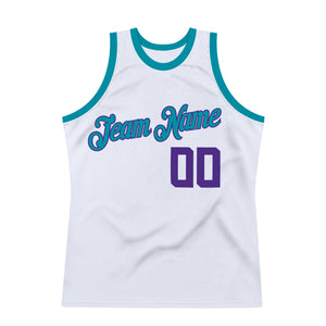 Custom White Purple-Teal Authentic Throwback Basketball Jersey