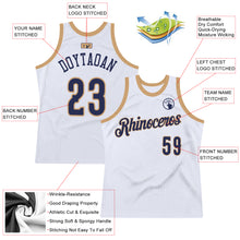Load image into Gallery viewer, Custom White Navy-Old Gold Authentic Throwback Basketball Jersey
