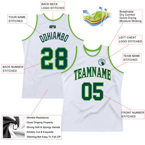 Custom White Hunter Green-Neon Green Authentic Throwback Basketball Jersey