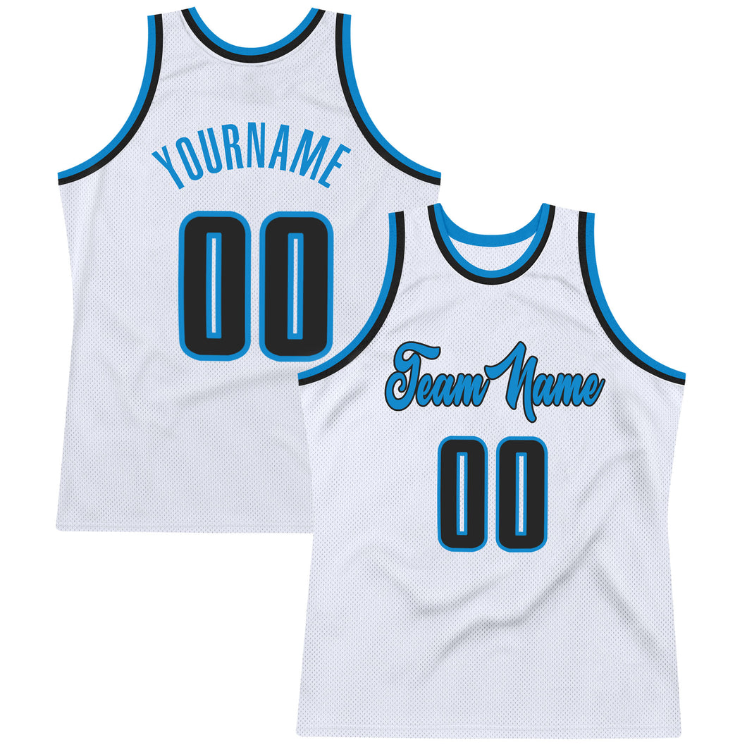 Custom White Black-Blue Authentic Throwback Basketball Jersey