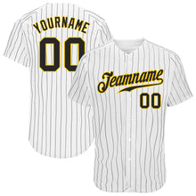 Load image into Gallery viewer, Custom White Black Pinstripe Black-Gold Authentic Baseball Jersey
