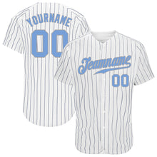 Load image into Gallery viewer, Custom White Navy Pinstripe Light Blue-Gray Authentic Baseball Jersey
