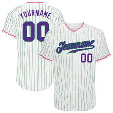 Load image into Gallery viewer, Custom White Kelly Green Pinstripe Purple-Pink Authentic Baseball Jersey
