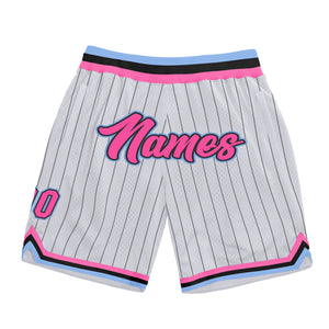 Custom White Black Pinstripe Pink-Light Blue Authentic Basketball Shorts