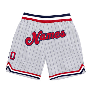 Custom White Navy Pinstripe Red-Navy Authentic Basketball Shorts