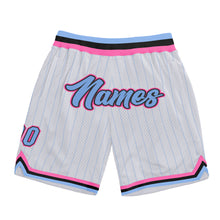Load image into Gallery viewer, Custom White Light Blue Pinstripe Light Blue-Pink Authentic Basketball Shorts
