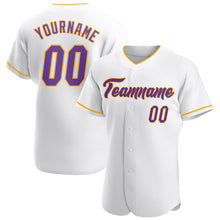 Load image into Gallery viewer, Custom White Purple-Gold Authentic Baseball Jersey
