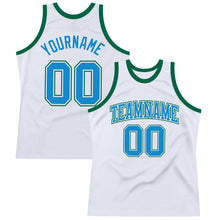 Load image into Gallery viewer, Custom White Blue-Kelly Green Authentic Throwback Basketball Jersey
