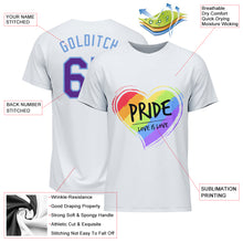 Load image into Gallery viewer, Custom White Purple-Light Blue Rainbow Colored Heart For Pride Love Is Love LGBT Performance T-Shirt
