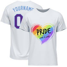 Load image into Gallery viewer, Custom White Purple-Light Blue Rainbow Colored Heart For Pride Love Is Love LGBT Performance T-Shirt
