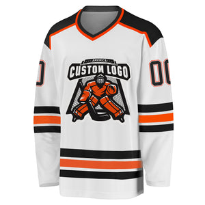 Custom White Black-Orange Hockey Jersey