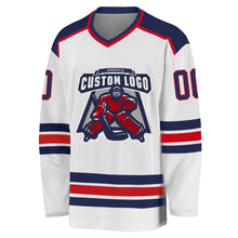 Load image into Gallery viewer, Custom White Navy-Red Hockey Jersey
