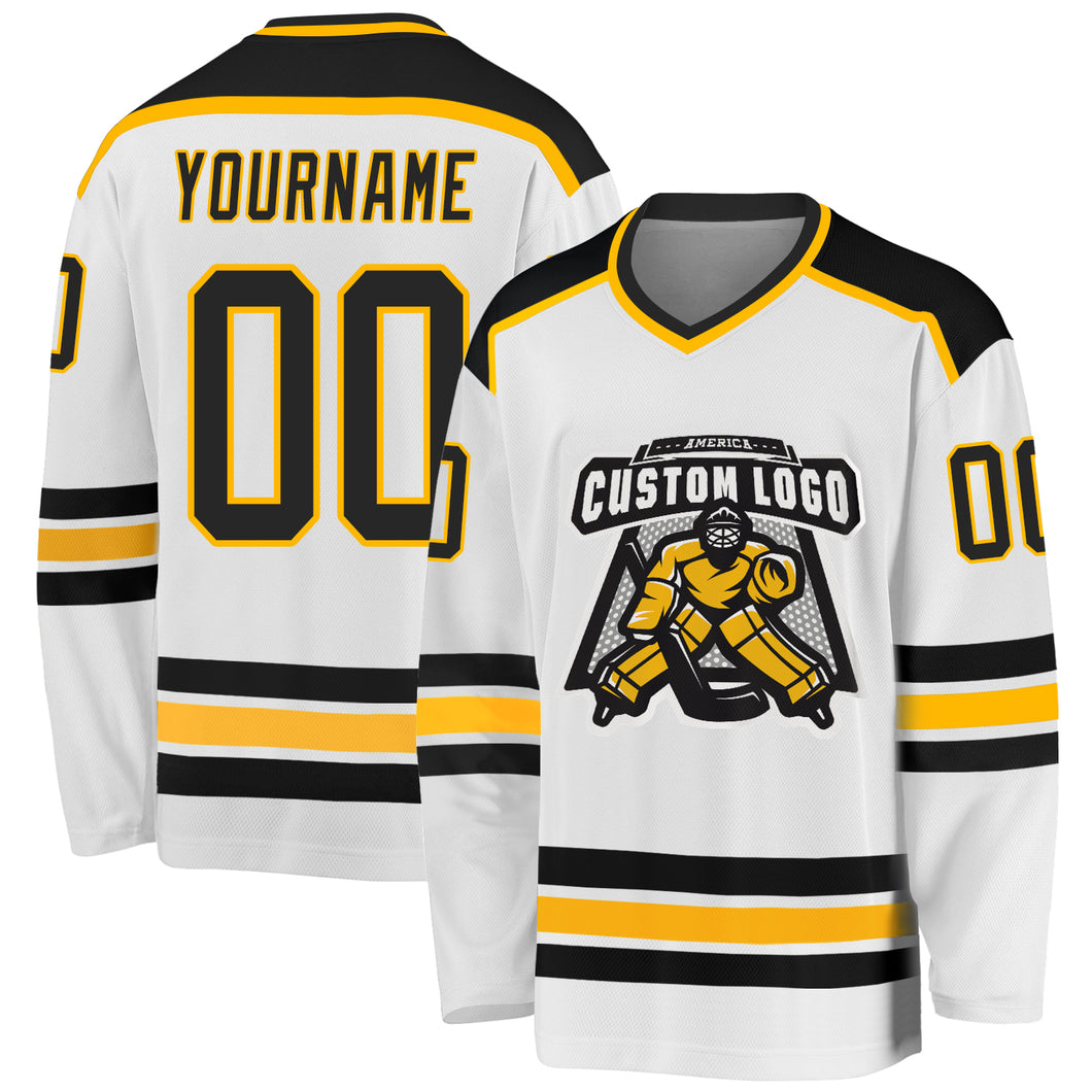 Custom White Black-Gold Hockey Jersey