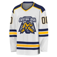 Load image into Gallery viewer, Custom White Navy-Gold Hockey Jersey
