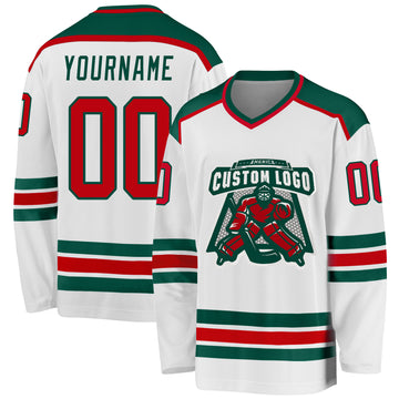 Custom White Red-Green Hockey Jersey