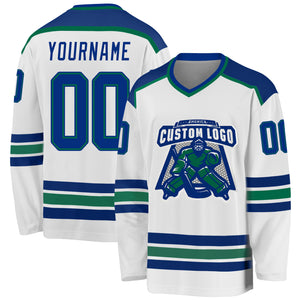 Custom White Royal-Kelly Green Hockey Jersey