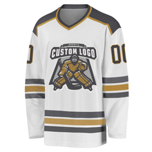 Load image into Gallery viewer, Custom White Steel Gray-Old Gold Hockey Jersey
