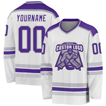Load image into Gallery viewer, Custom White Purple-Gray Hockey Jersey
